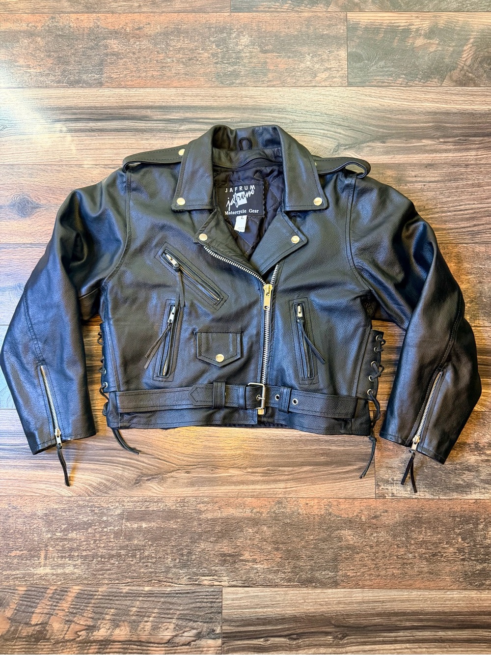 Jafrum Motorcycle Gear asymmetrical double-rider black leather jacket size Large